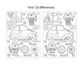 Bear mechanics repairing the car find the differences picture puzzle and coloring page